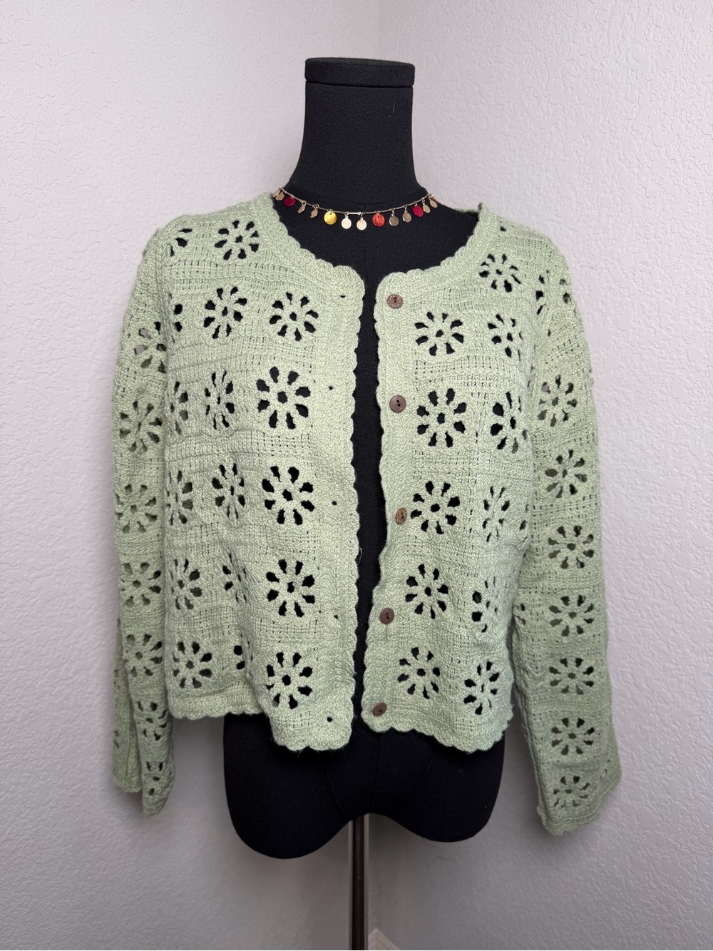 Ultra Pink Light Green Crochet Button-Up Cardigan